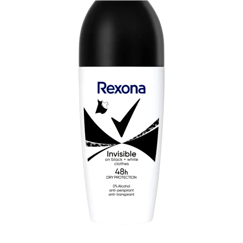 Rexona Rexona Invisible Black and White Roll-On αντιιδρωτικό ρολλ-ον για την αντιμετώπιση των λευκών και κίτρινων κηλίδων 50 ml