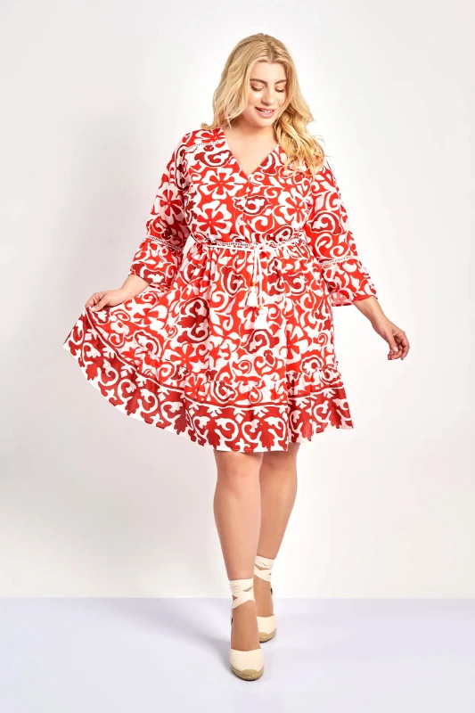 Φόρεμα βαμβακερό εμπριμέ boho με ζωνάκι