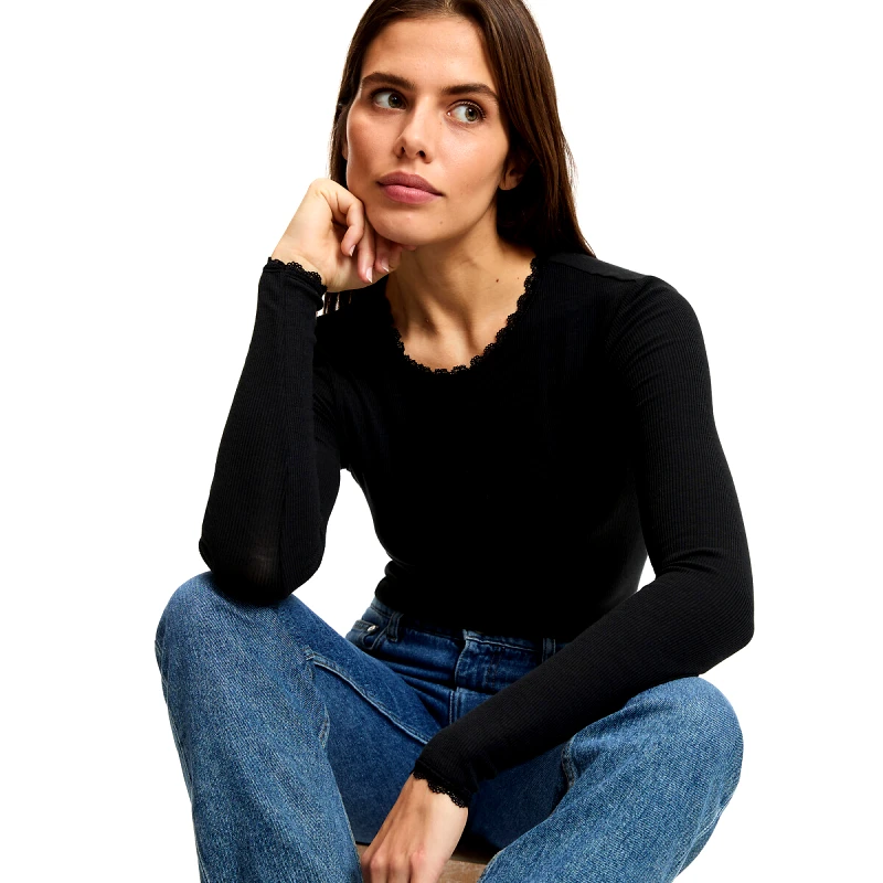 La Redoute Collections Μπλούζα με στρογγυλή λαιμόκοψη και δαντέλα