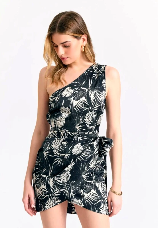 Funky Buddha Funky Buddha Γυναικείο Off-shoulder εμπριμέ φόρεμα με πλαϊνό δέσιμο FBL011-130-13 Μαύρο