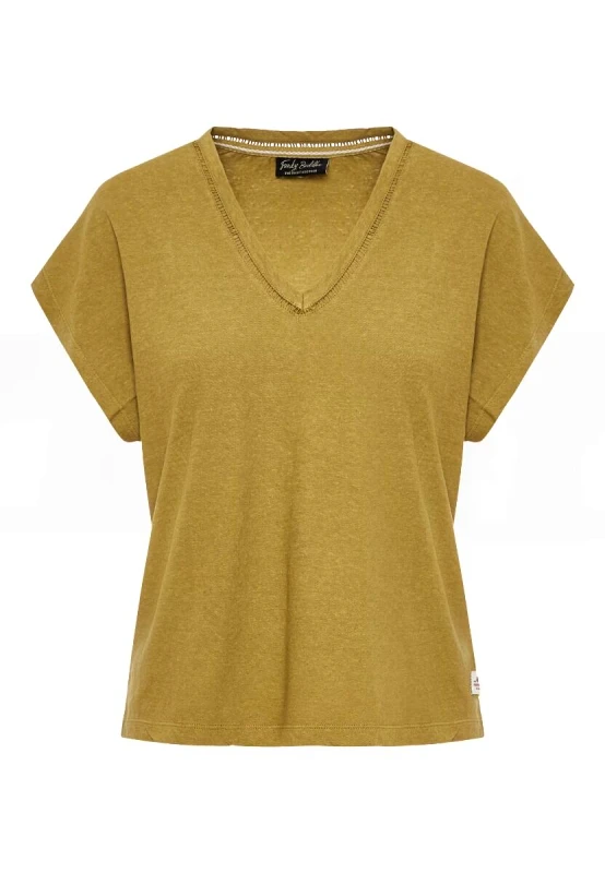 Funky Buddha Funky Buddha Γυναικείο Linen Blend T-shirt FBL011-110-04 Λαδί