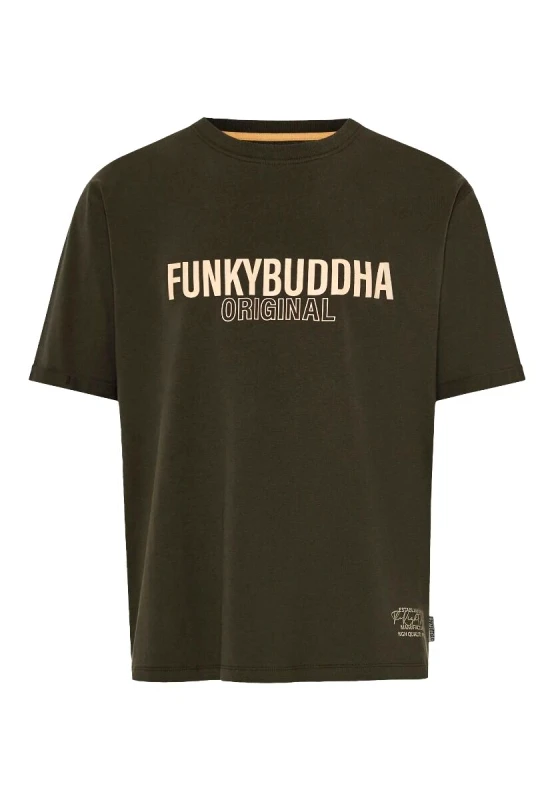 Funky Buddha Funky Buddha Ανδρικό relaxed t-shirt με τύπωμα από βαμβάκι FBM013-032-04 Λαδί