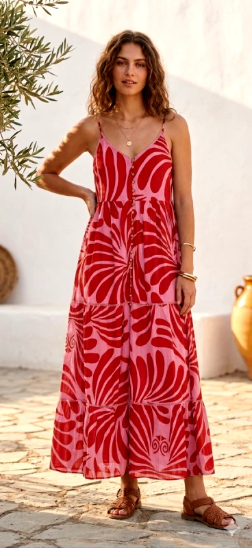 Funky Buddha Funky Buddha Γυναικείο εμπριμέ μάξι boho φόρεμα από βαμβάκι FBL013-127-13 Rose