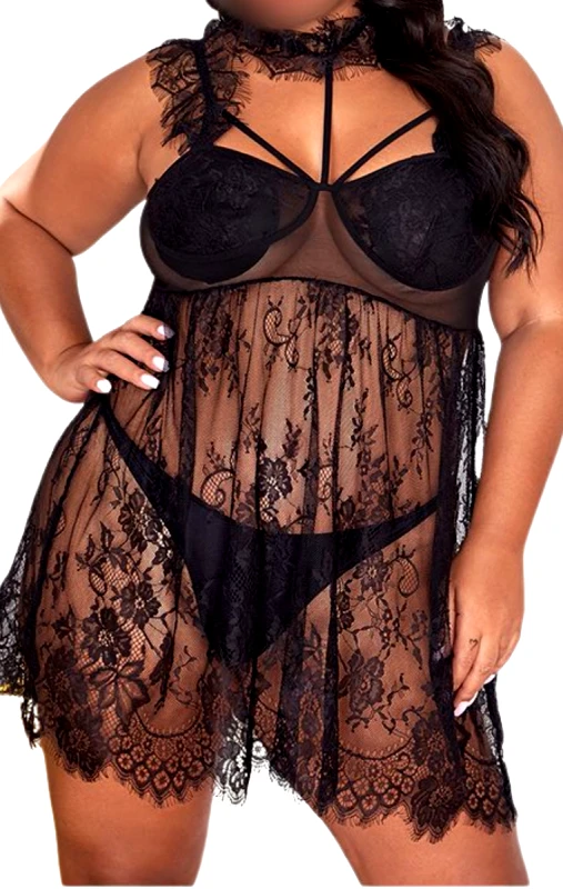Lingerie Center Plus Size Νεγκλιζέ &amp; Κιλοτάκι String Elite - Μαύρο - LC7070-Μαύρο-XL