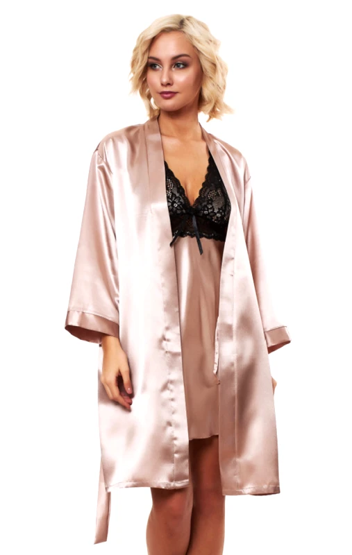 Lingerie Center Σατέν Σετ Ρόμπα &amp; Νυχτικιά Belle - Μαύρο-Καφέ - LC9540-Μαύρο-M/L