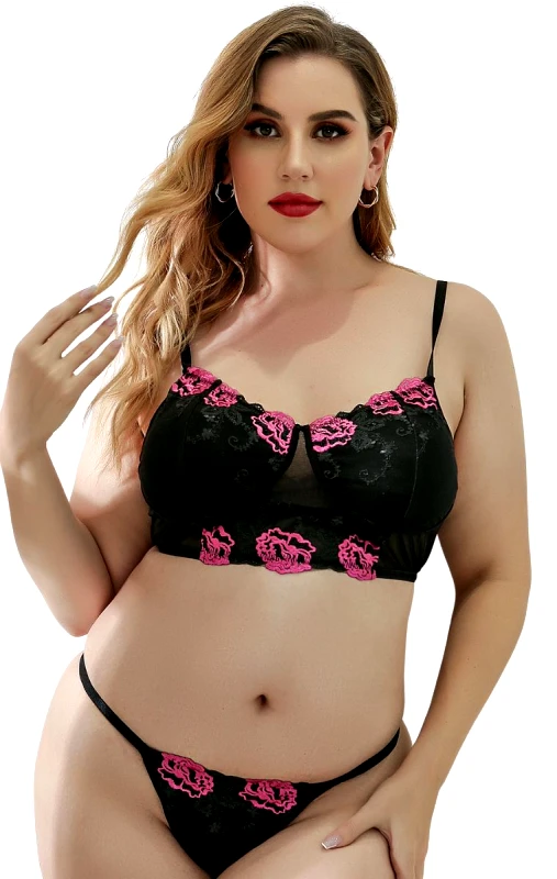 Lingerie Center Plus Size Σετ Bustier &amp; String - Μαύρο-Φουξ - LC15653-Μαύρο-Φουξ-XL