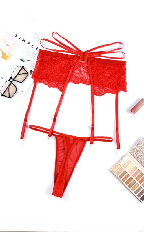 Lingerie Center Δαντελένια Ζαρτιέρα &amp; String - Κόκκινο - LC33096-Κόκκινο-S