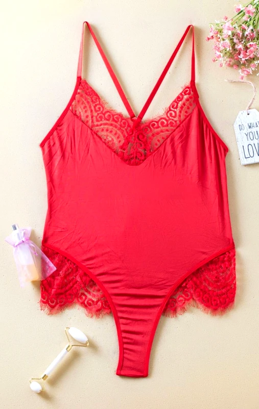 Lingerie Center Plus size Kορμάκι Με Δαντέλα - Κόκκινο - LC7149-Κόκκινο-2XL
