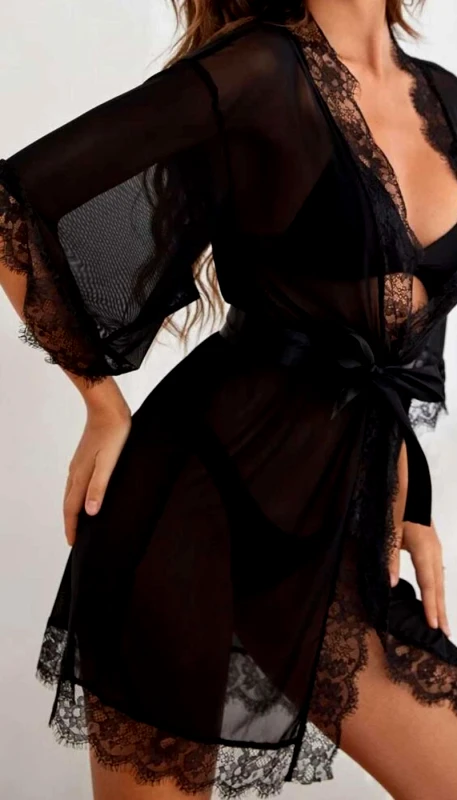 Lingerie Center Διάφανη Ρόμπα & Σατέν Ζώνη - Μαύρο - LC2303-Μαύρο-S