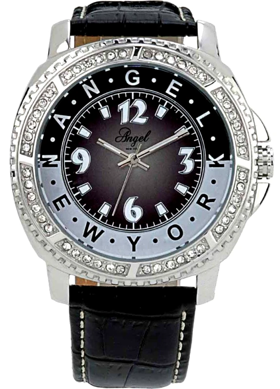 ANGEL ΓΥΝΑΙΚΕIΟ ΡΟΛOΙ ANGEL ANGEL CRYSTAL BLACK LEATHER STRAP