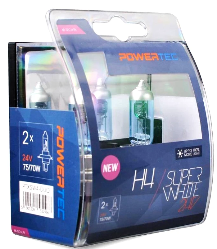M-TECH H4 24V 75/70W 3.450K P43T POWERTECK SUPERWHITE BLISTER 2ΤΕΜ. M-TECH