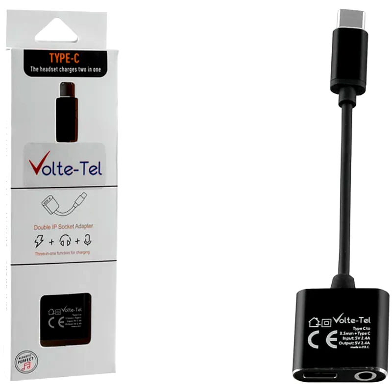 VOLTE-TEL Volte-tel Μετατροπεας 2 In 1 Φορτισης Και Audio Adapter Type C To 3.5mm Jack+type C 2.4a Black
