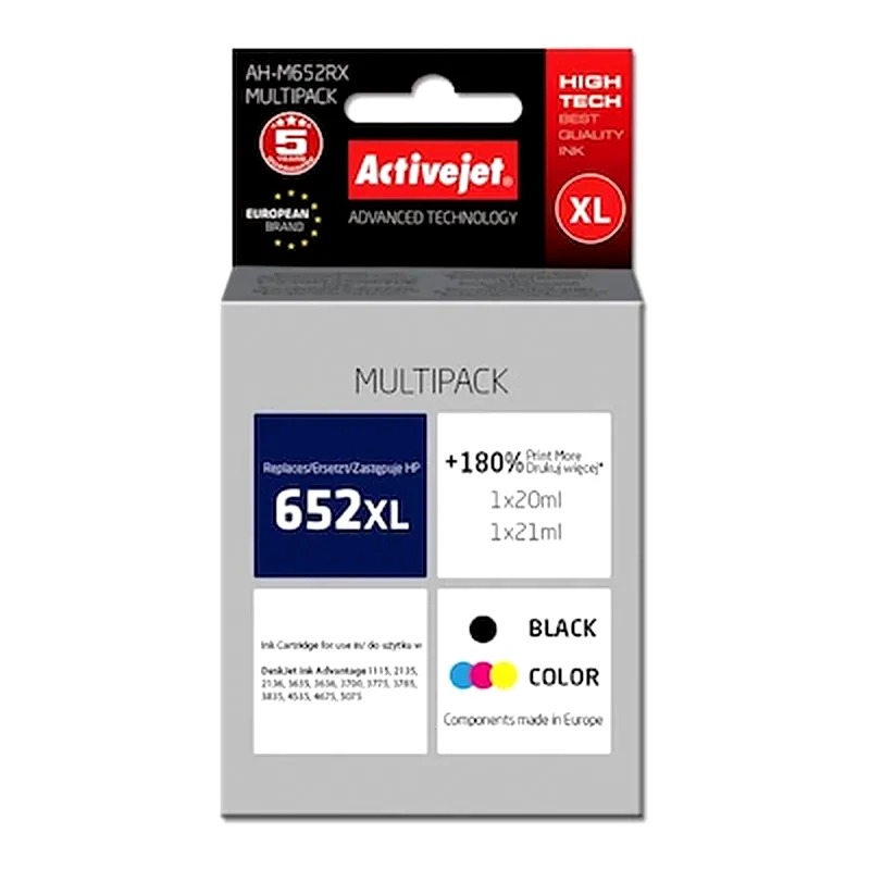 ACTIVEJET Συμβατό HP 652 Μαύρο Μελάνι Εκτυπωτή Ah-m652rx