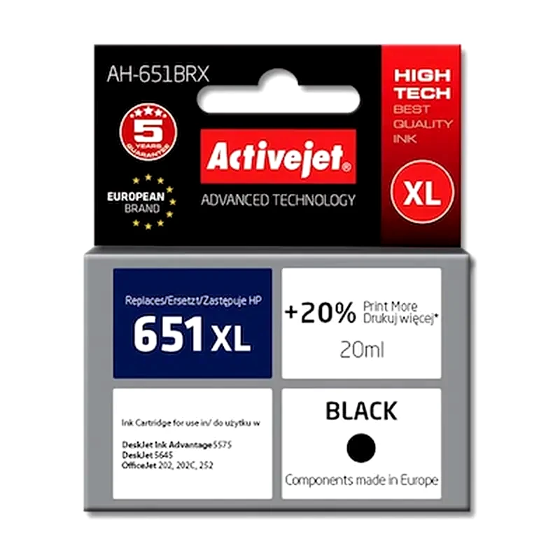 ACTIVEJET Συμβατό HP 651 Μαύρο Μελάνι Εκτυπωτή C2p10ae