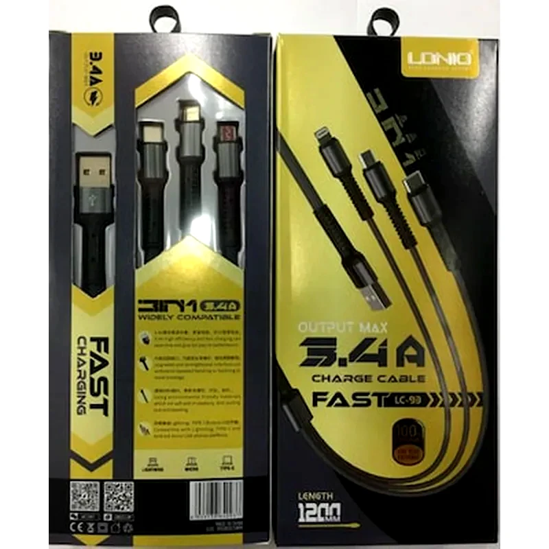 LDNIO Σετ Καλωδίων Ldnio LC93 Fast Data 3in1 micro USB/Lightning/Usb-C 2.1A 1.2m - Black
