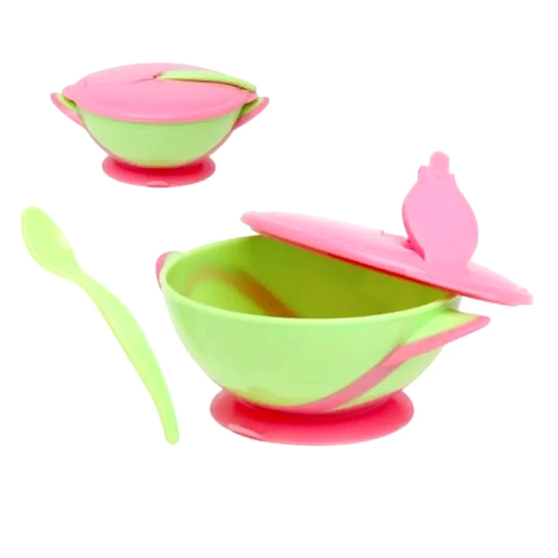 KIOKIDS Kiokids Μπολ Με Καπάκι Και Βεντούζα + Κουταλάκι 300ml Ροζ 6+μ