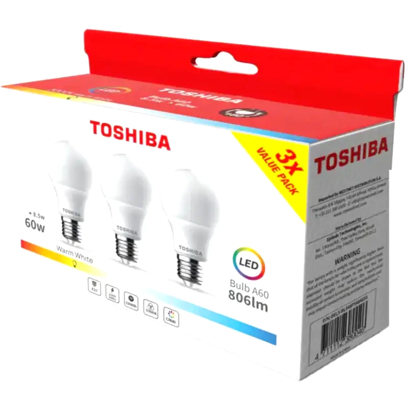 TOSHIBA Λάμπες LED Toshiba A60 E27 8.5W 3000K 3Τμχ - Θερμό Λευκό