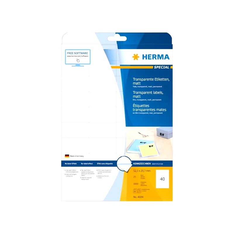 HERMA 4684 - Αυτοκόλλητες ετικέτες εκτύπωσης 52x29.7 mm - Διάφανο - 1000 ετικέτες