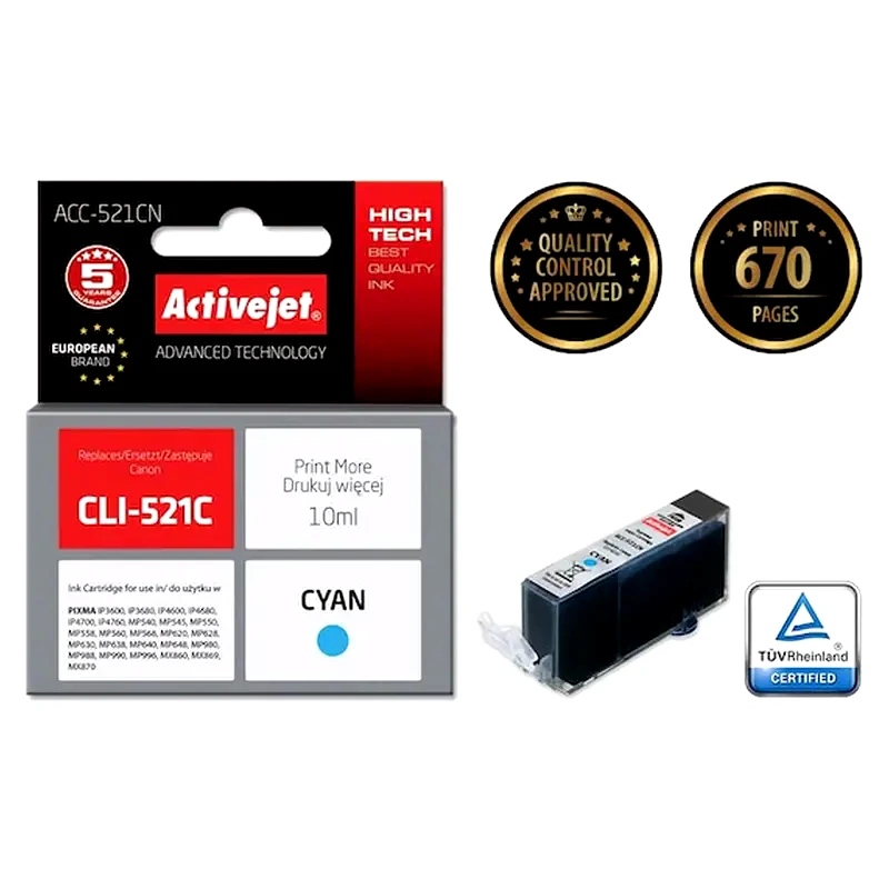 ACTIVEJET Συμβατό Canon Cli-521 Κυανό Μελάνι Εκτυπωτή Cli-521c