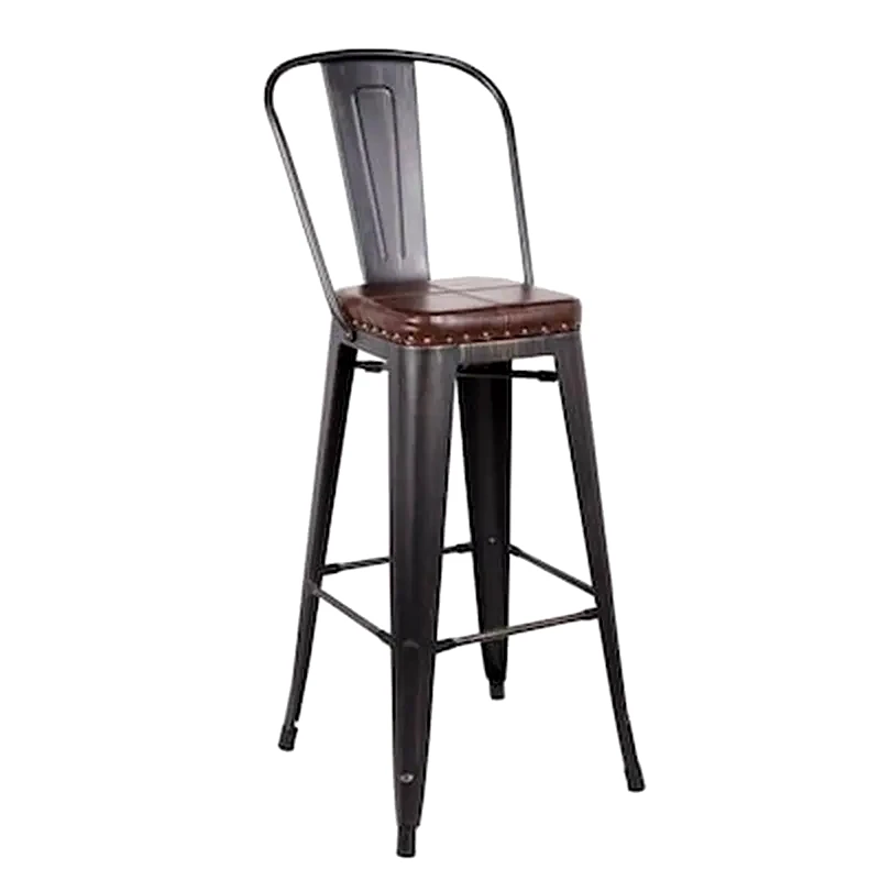 WOODWELL Σκαμπό Μπαρ Μεταλλικό Antique Black Με Πλάτη Και Δερματίνη - Καφέ