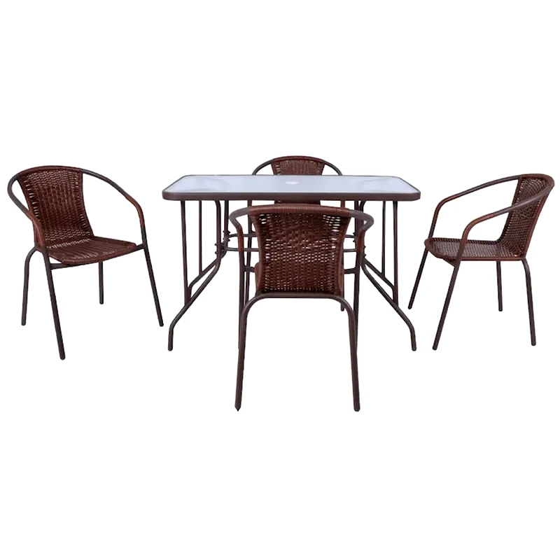 WOODWELL Τραπεζι Σετ Μεταλλικο Καφε Με 4 Πολυθρονες Wicker Καφε Πλάτος:110cm X Βάθος:60cm X Ύψος:71cm