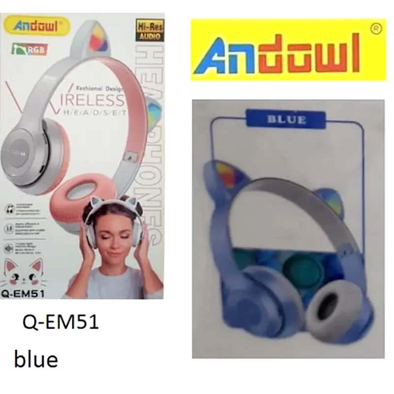 ANDOWL Ασύρματα Επαναφορτιζόμενα Ακουστικά Με Led Γατίσια Αυτιά Μπλε Q-em51 Andowl