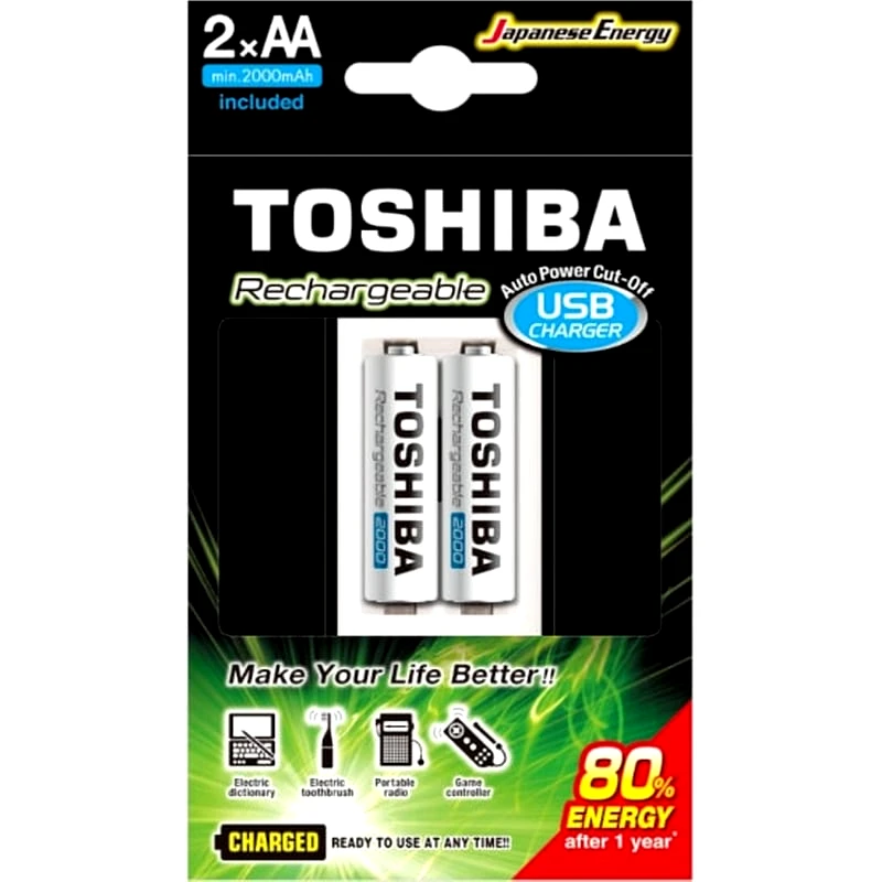 TOSHIBA Επαναφορτιζόμενες Μπαταρίες Toshiba AA NiMH 2000mAh 1.2 V 2 τεμάχια + Φορτιστής