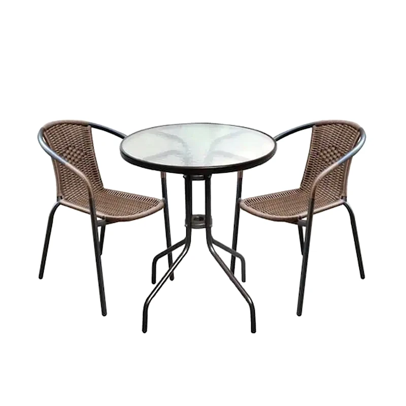 WOODWELL Τραπεζι Σετ Μεταλλικο - Wicker Καφε Με 2 Πολυθρονες Πλάτος:53cm X Βάθος:58cm X Ύψος:77cm