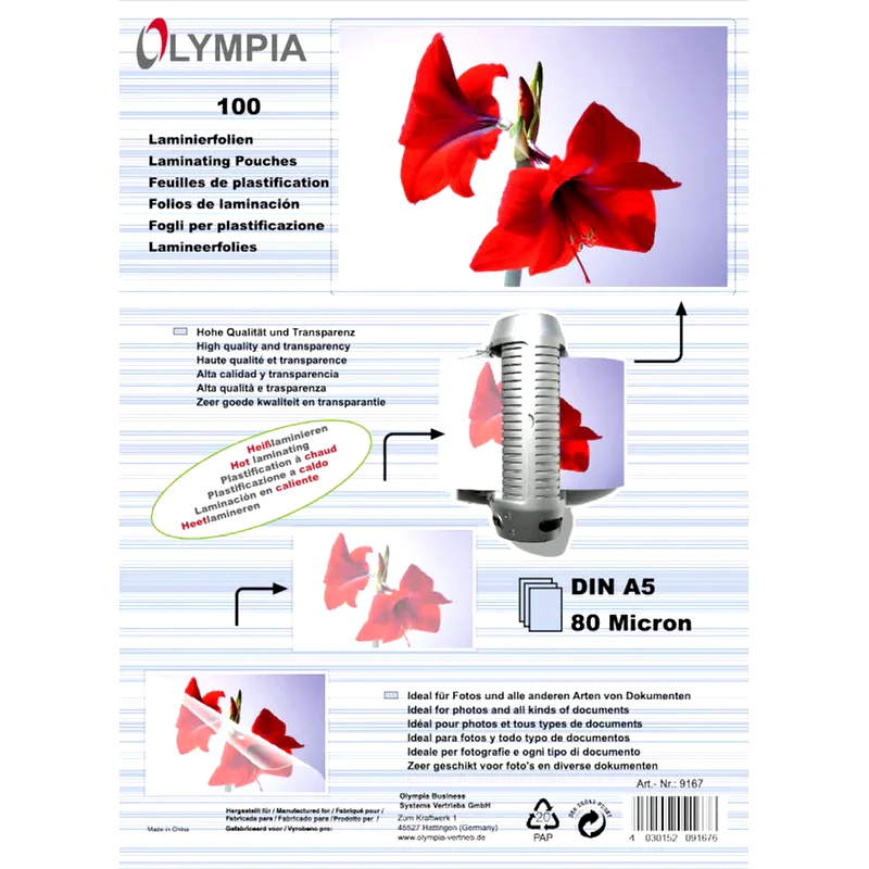 OLYMPIA Olympia Φύλλα πλαστικοποίησης σε κουτί για Α5 80mic 100 φύλλα