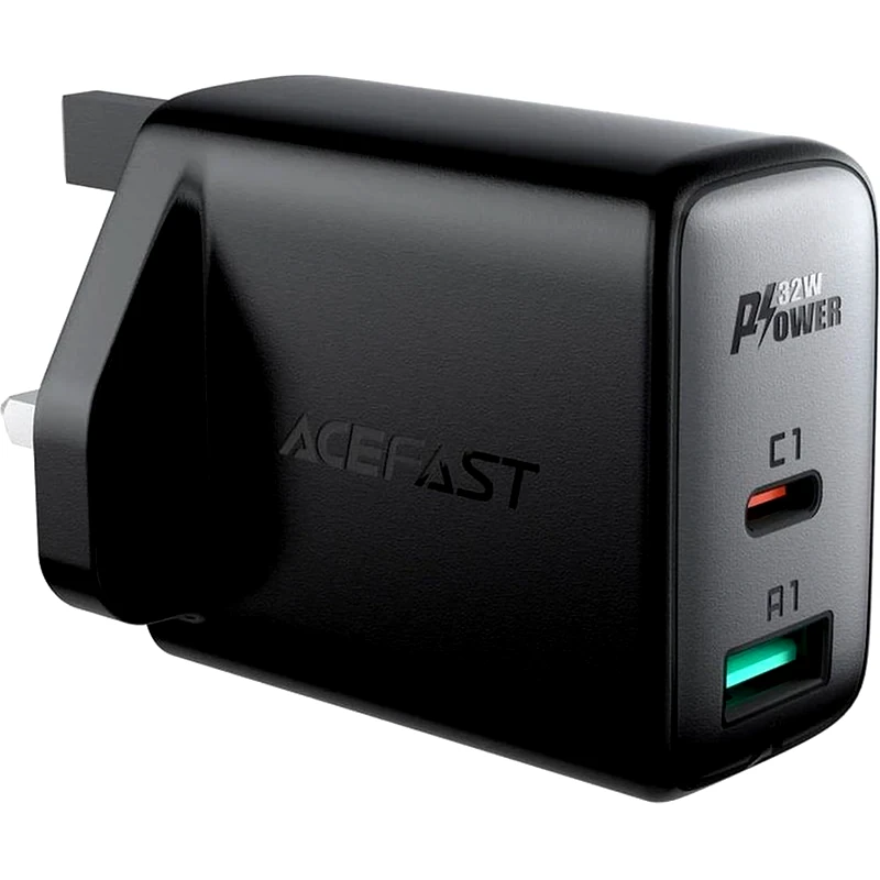 ACEFAST Φορτιστής Ταξιδίου Acefast A8 Fast Charging USB-C Pd32W USB-A - Μαύρο Με UK Plug