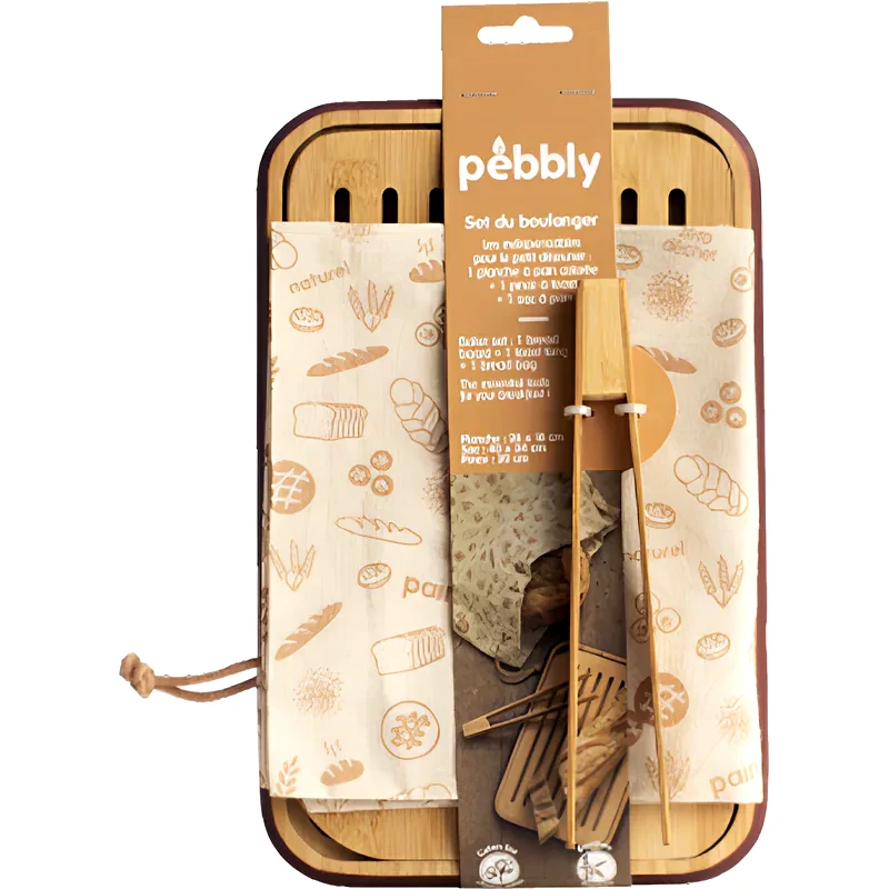 PEBBLY Επιφάνεια Κοπής με Λαβίδα Τσάντα Αποθήκευσης Pebbly από Bamboo 28x18 cm - Φυσικό