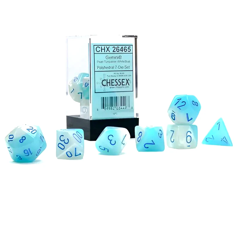 CHESSEX Gemini Pearl Turquoise-white/Βlue Luminary Polyhedral 7-die Set CHESSEX