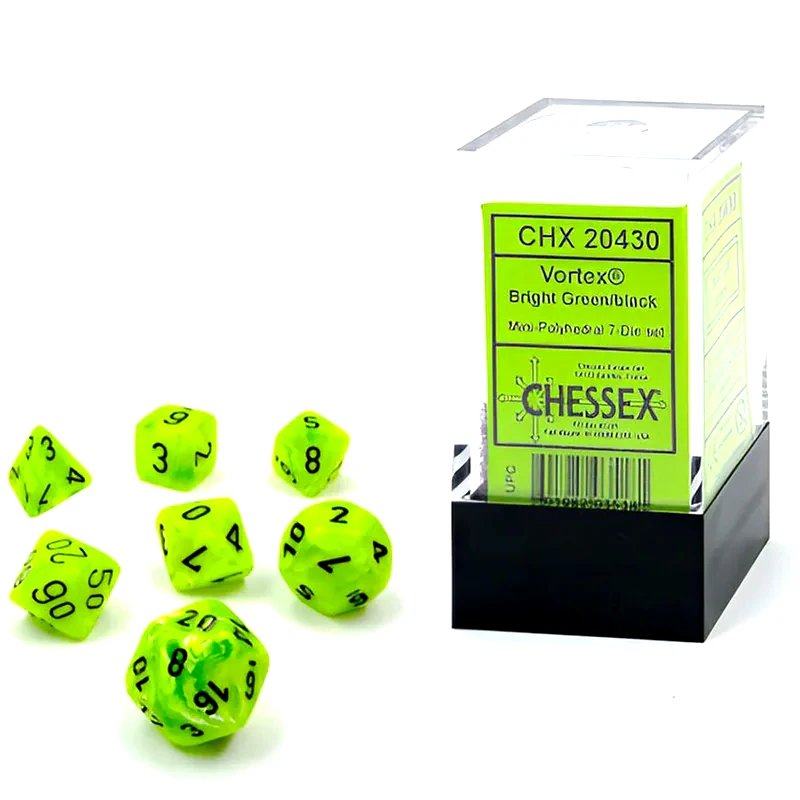 CHESSEX Vortex - Bright Green/Black Mini 7-die Set CHESSEX