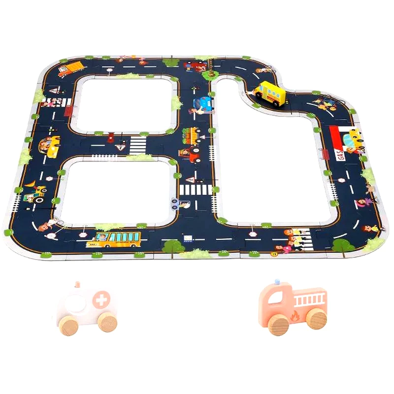 TOOKY TOY Ξύλινο Παζλ TOOKY TOY Αυτοκινητόδρομος Με Ξύλινα Οχήματα - Set Αυτοκίνητοδρομος