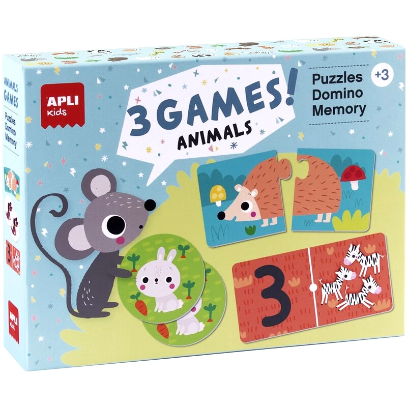 Παζλ Εκπαιδευτικό Apli Kids Σετ 3 Παιχνίδια - Animals(24 Τεμ. παζλ, 36 Τεμ. ντόμινο, 24 Τεμ. μνήμης)