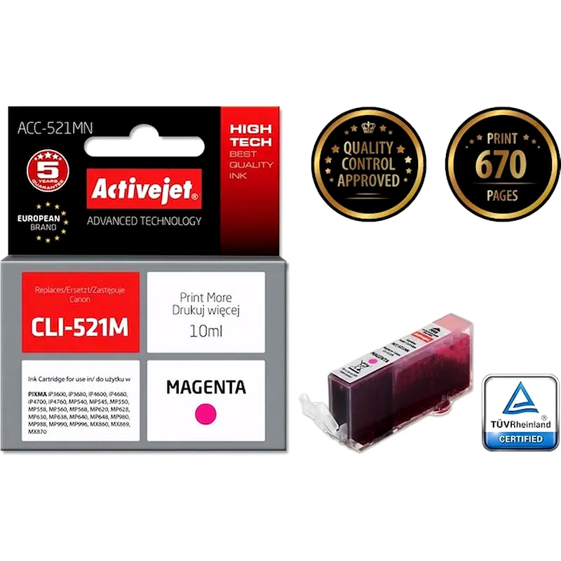 ACTIVEJET Συμβατό Canon Cli-521 Ματζέντα Μελάνι Εκτυπωτή Cli-521m