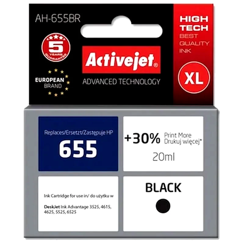 ACTIVEJET Συμβατό HP 655 Μαύρο Μελάνι Εκτυπωτή Ah-655br