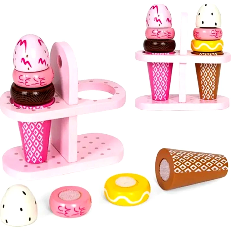 ECOTOYS Ξύλινο Παιχνίδι Ecotoys Παγωτό Velcro Σε Κομμάτια Σε Βάση Στήριξης 9 Τμχ - 6x12x12.5 cm