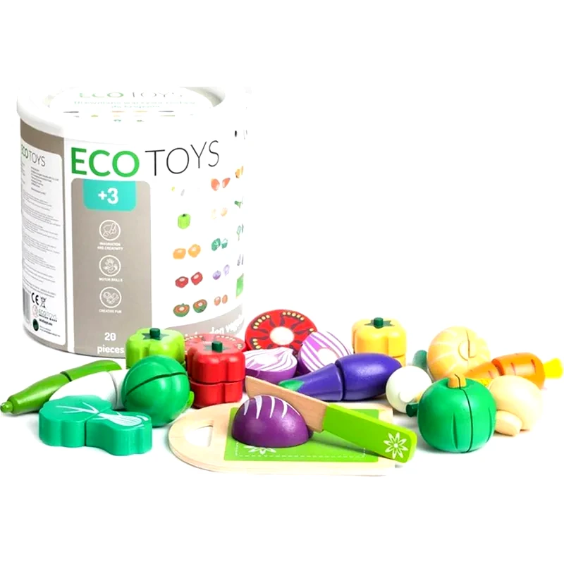 ECOTOYS Σετ Εcotoys 20 Ξύλινων Λαχανικών Με Μαγνήτη Σε Δοχείο Αποθήκευσης - 18x18x19 cm