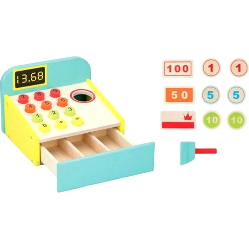 ARIA TRADE Παιδική Ξύλινη Aria Trade Ταμειακή Μηχανή Με Κέρματα Χρήματα - 14x16.5x18 cm