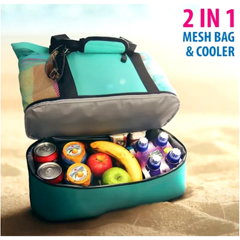 OEM Τσάντα Παραλίας με Ισοθερμική Θήκη Askfairy από Mesh - Μαύρη/Μπλε