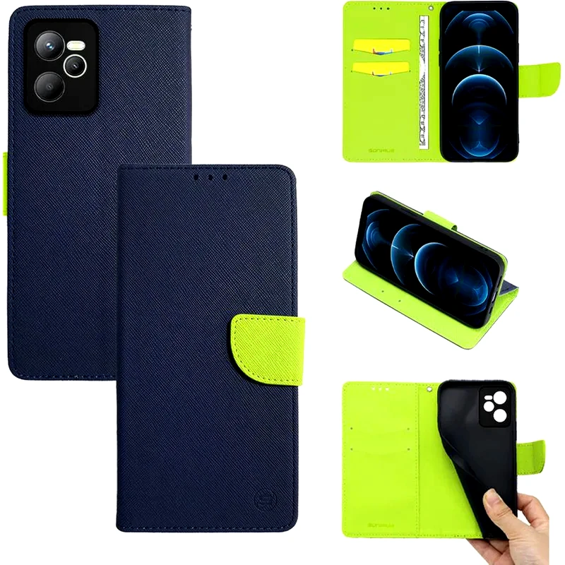 SONIQUE Θήκη Realme C35 - Sonique Trend Wallet - Σκούρο Μπλε/ Λαχανί