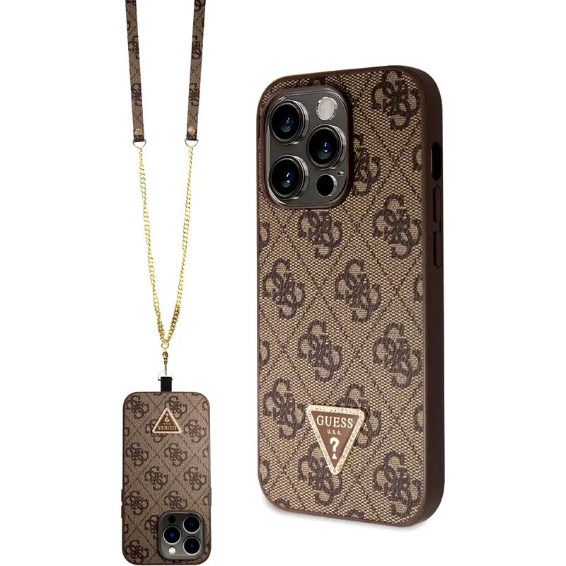 GUESS Guess “triangle Metal Logo Strass Collection” Crossbody Case Θήκη Προστασίας Από Δερματίνη Με Λουράκι – Iphone 14 Pro (καφέ – Guhcp14lp4tdscpw)