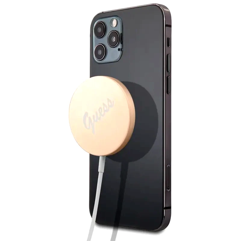 GUESS Ασύρματος Φορτιστής Guess Vintage Script Logo Wireless MagSafe Charger Pad Qi - Gold