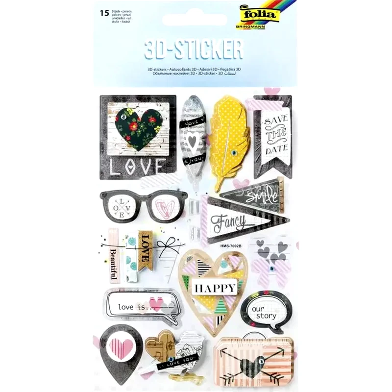 FOLIA Σετ 15 Αυτοκόλλητα 3d Effect, 12.5x18.5 Εκ, Happy-love