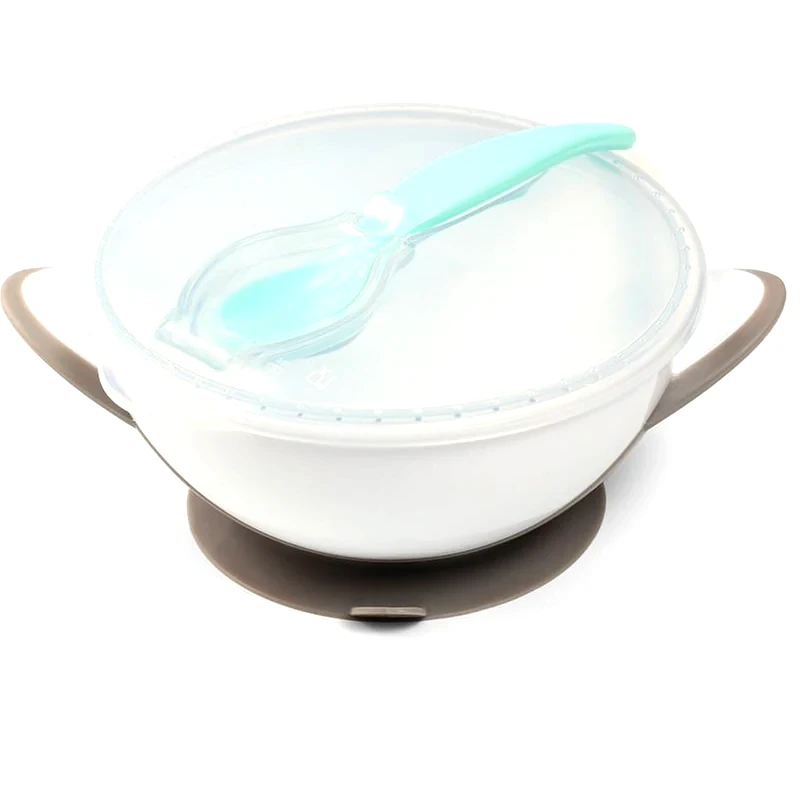 BABYONO Babyono Αντιολισθητικό Μπολ Με Καπάκι Και Κουτάλι - Γκρι