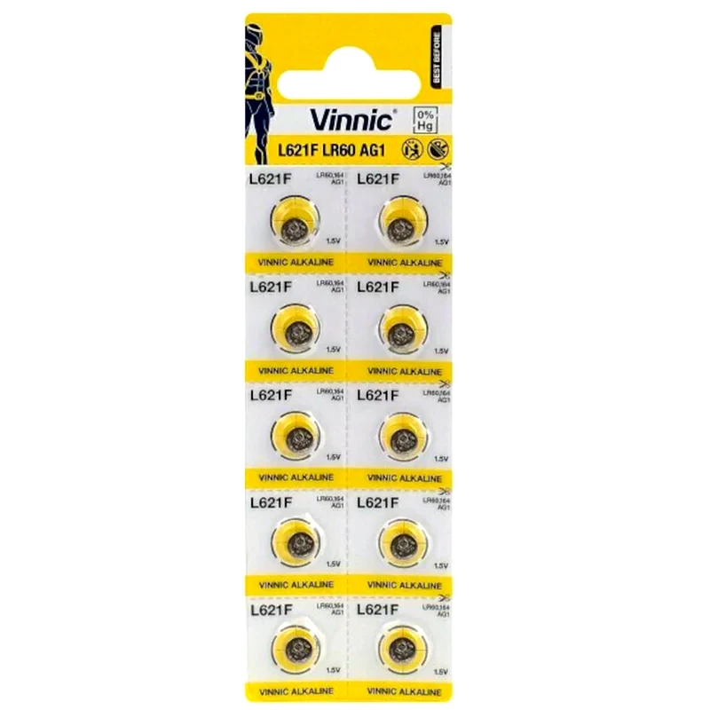 VINNIC Αλκαλικές Μπαταρίες Για Ρολόγια Vinnic L621F/AG1 LR60 1,55V 10τμχ Με Διάτρητη Συσκευασία