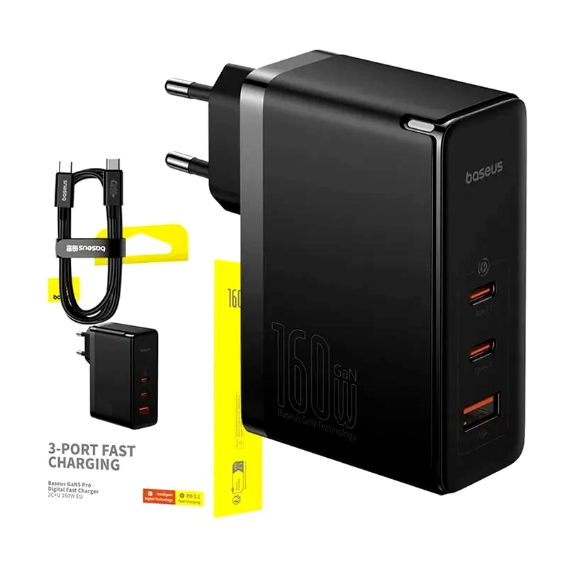 BASEUS Φορτιστής Πρίζας Baseus GaN5 Pro 1x USB/2x USB-C PD 160W - Μαύρο CCGANG160CE