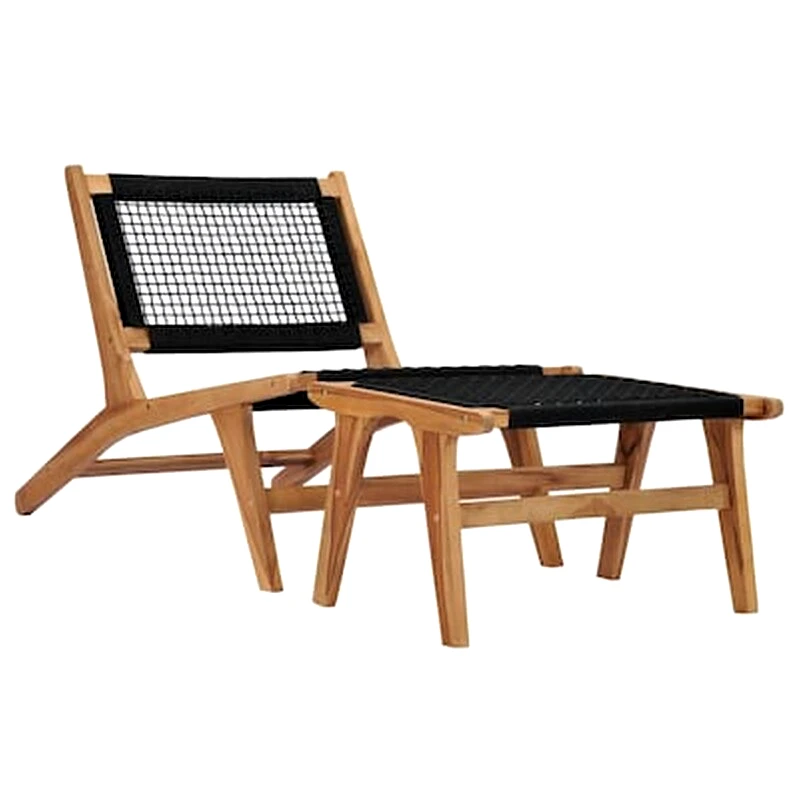 VIDAXL Σεζλόνγκ VidaXL Με Υποπόδιο από Μασίφ Ξύλο Teak/Σχοινί 89.5x60x65 cm - Μαύρο