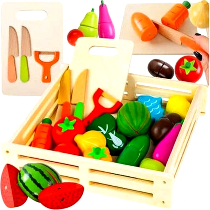 ARIA TRADE Σετ Ξύλινο Παιχνίδι Aria Trade Καφάσι Με Λαχανικά, Φρούτα, Ξύλο Κοπής Μαχαίρια 34 Τμχ - 23.5x26x6 cm